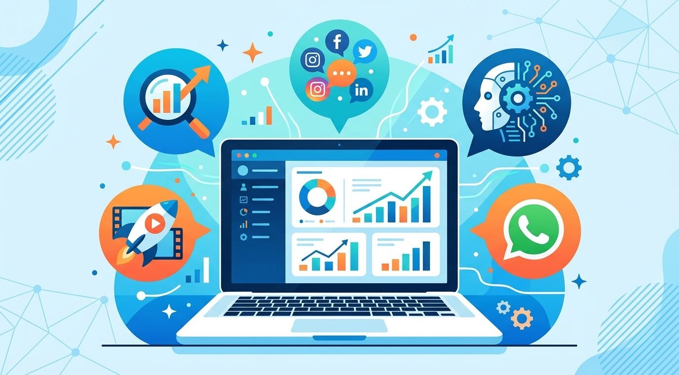Flat-design illustration of digital marketing trends, featuring a central laptop displaying analytics dashboards surrounded by floating icons for SEO, social media, AI search, video content, and WhatsApp in a vibrant blue, teal, and orange color palette.