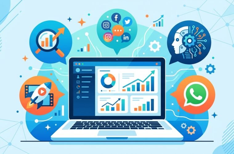 Flat-design illustration of digital marketing trends, featuring a central laptop displaying analytics dashboards surrounded by floating icons for SEO, social media, AI search, video content, and WhatsApp in a vibrant blue, teal, and orange color palette.